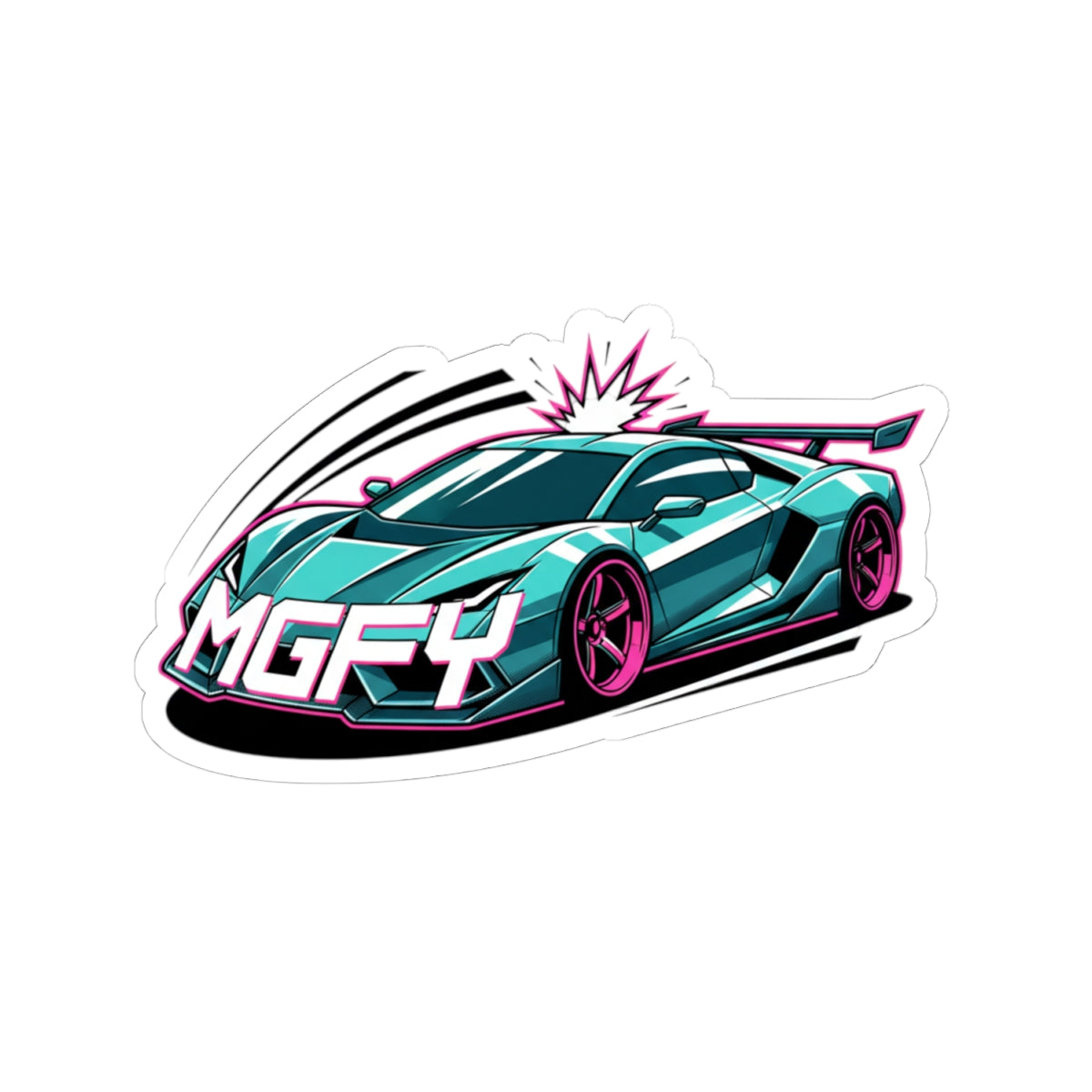 MGFY Supercar Kiss-Cut Sticker — Teal Sports Car with 'MGFY' Graphic
